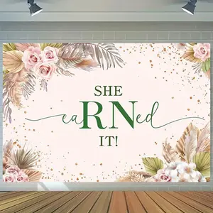 1pc Boho Nurse Graduation Backdrop with "She Earned It!" Slogan, Pink Roses & Golden Accents - Durable -Themed Photo Booth Background for Class of 2024 Graduation Party, Nursing Decor, & Pho