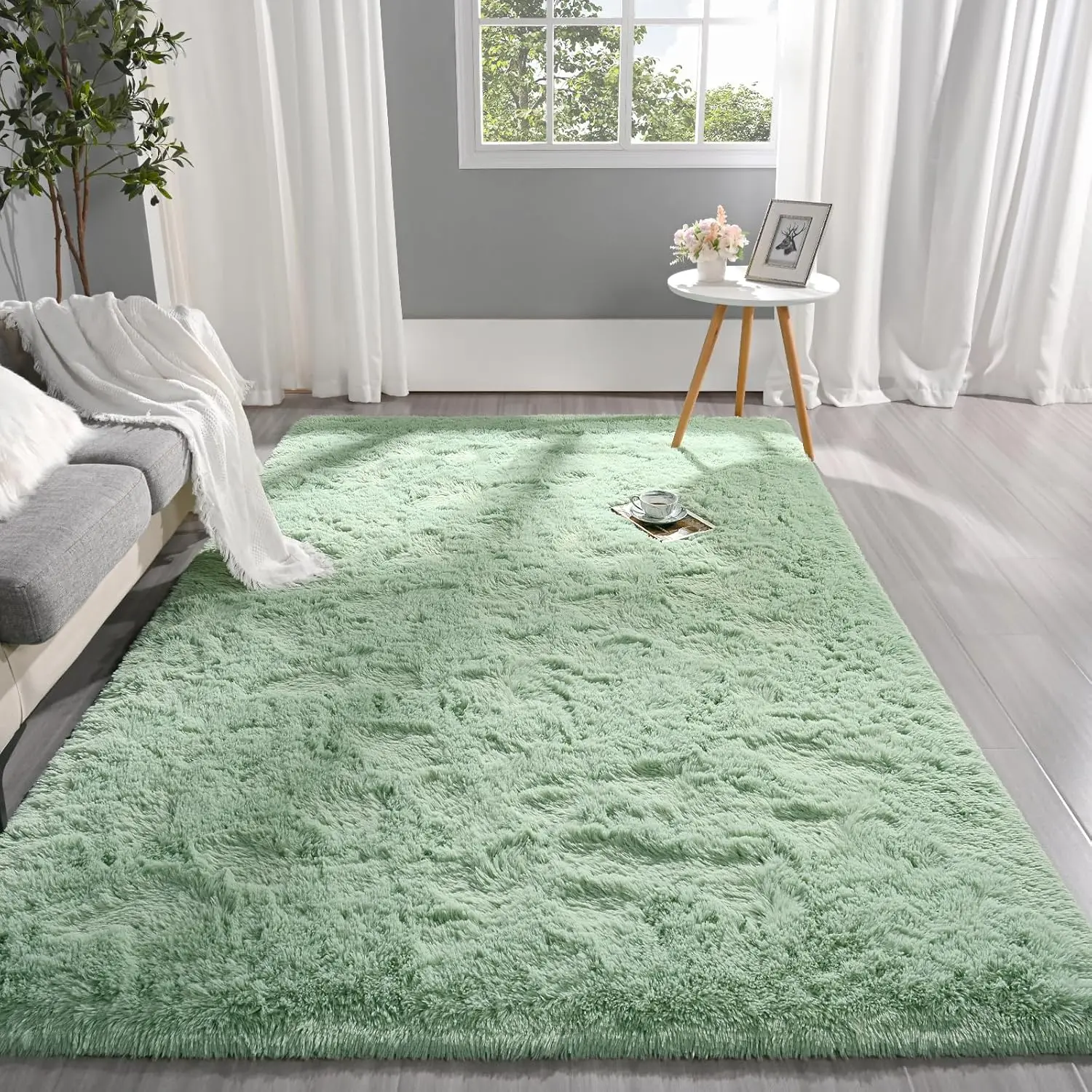 PLUMLIK Mint Green Shaggy Area Rug - Decorative Modern Super Soft Non-Slip Thick Silky Indoor Floor Rug, Ideal for Living Room/Bedroom, Chic Home Decor, Gift for Mother's Day/Easter, Dry Clean Only, With 4 Carpet Stickers, Decorative Area Rug, Modern Floo