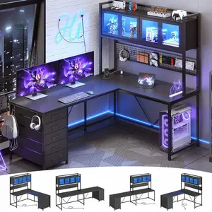 Sikaic L Shaped Gaming Desk with Drawers, L Shaped Computer Desk with Hutch and Storage Shelves, Gaming Desk with Pegboard, LED Lights, and Power Outlet, Home Office Desk, Corner Desk