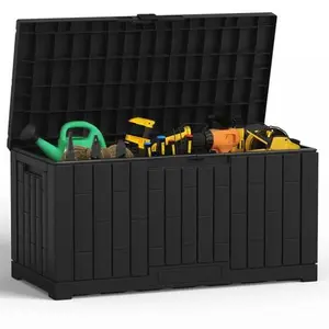 60-Gallon Resin Deck Storage Box with Handle and Lockable Lid, UV-Resistant and Waterproof Outdoor Storage Chest for Garden, Patio and Yard, Durable Weatherproof Container for Tools, Toys and Outdoor Gear