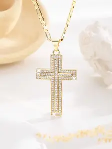 Trendy Ice Out Cross Pendant Necklace, Classic Cross Pendant, Church Punk Copper Plated 14k Gold Sacred Christian Jewelry, Valentine's Day Gift Wedding Party