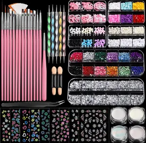 FANDAMEI Nail Art Brushes Set, Nail Art Kit, Nail Design Kit, Nail Dotting Tools, Nail Kit for Beginners, Chrome Nail Powder, Nail Stickers, Nail Rhinestones, Nail Charms Gems Nail Art Decoration Kit