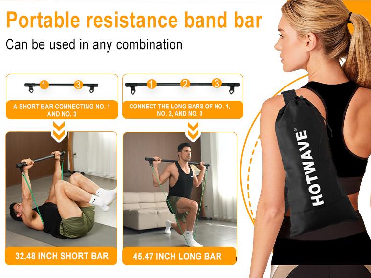 HOTWAVE Resistance Band Bar,Portable Plus Length Strength Training Bar,Adjustable 33"/45",Full Body Exercise Power Lifting Fitness Bar,At Home Workout Equipment HOTWAVE Resistance Band Bar,Portable Plus Length Strength Training Bar,Adjustable 33"/45",Full Body Exercise Power Lifting Fitness Bar,At Home Workout Equipment