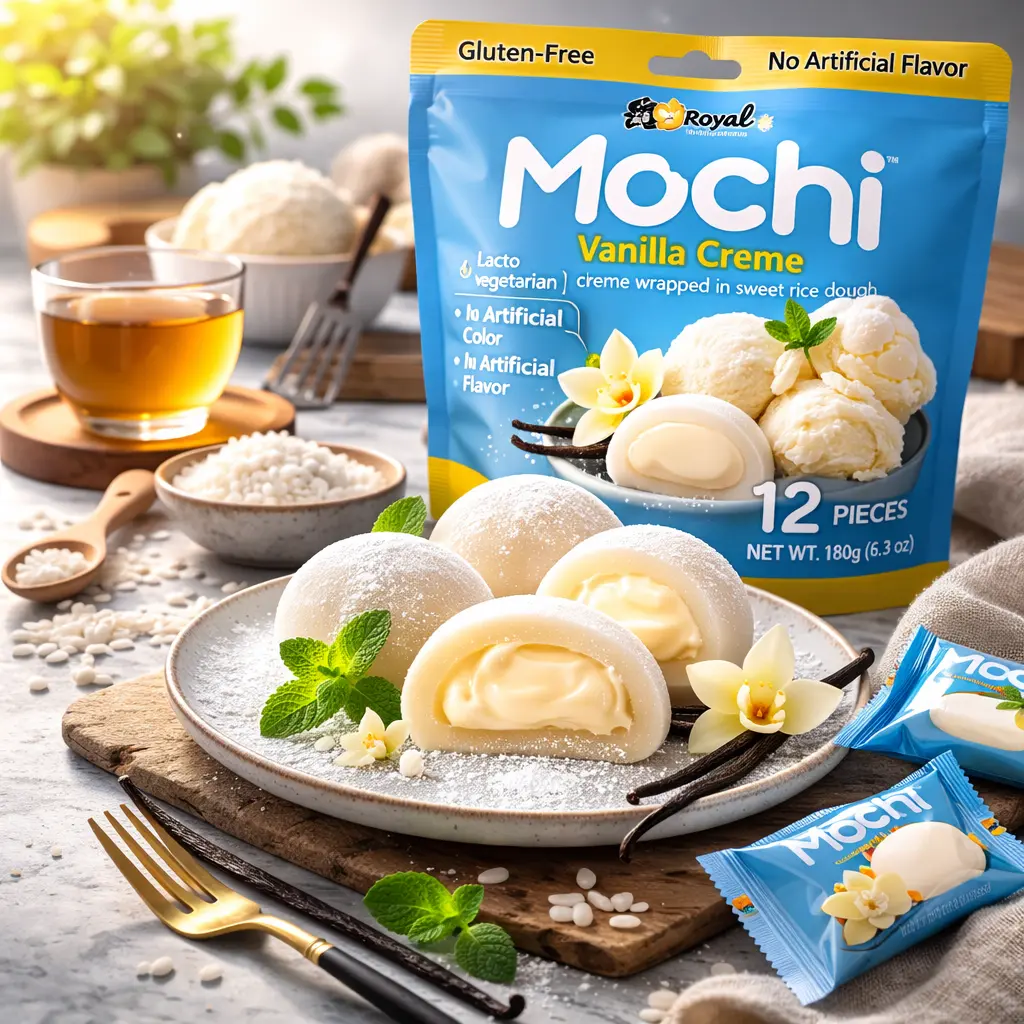 ROYAL FAMILY Vanilla Cream Mochi Snacks in PEG Bag - Gluten-Free, Low Fat, No Artificial Flavor Sweet Rice Dough-Wrapped Dessert, All Ages