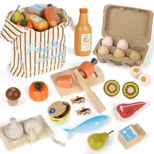 Lehoo Castle Wooden Pretend Play Food Sets for Kids Kitchen, Food Toys for Kids, with Shopping Bag, Pretend Food Play Kitchen Cutting Fruits Vegetables Toys, Gift for Boys Girls Educational Toys, Toy Food Educational Gifts