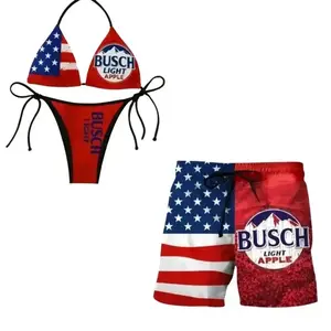 Busschh L!ght Apple American Flag Couples Swimwear Set – Bikini & Board Shorts, Beach Outfit, Perfect Summer Gift for Him & Her #Summer