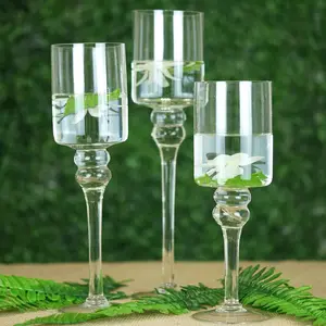Set of 3 Glass Cylinder Vases Long Stem 12", 14", 16" Clear - Tealight Candle Holders