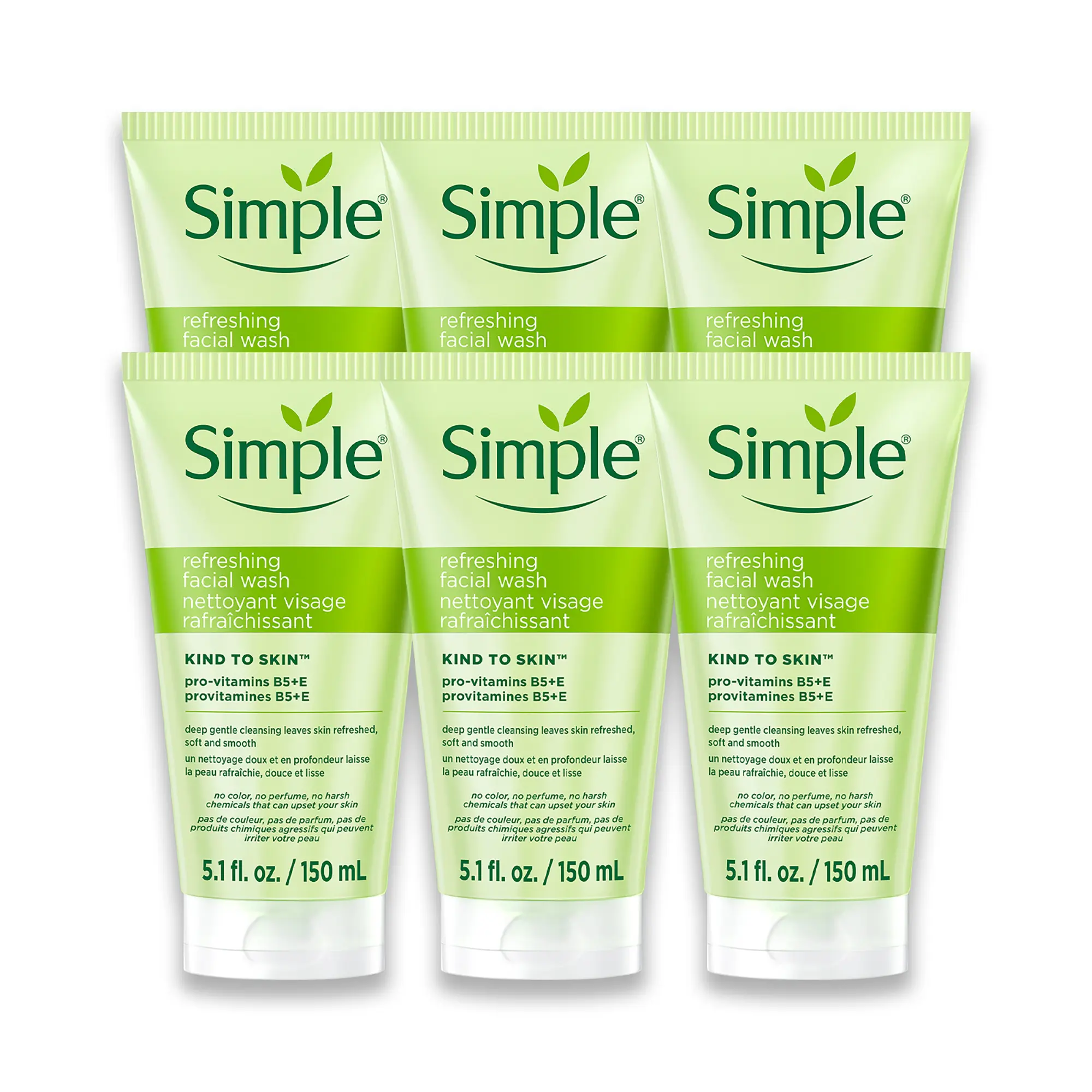 Simple Kind To Skin Refreshing Face Wash - 6 pc Bundle with Vitamin B5 & E - Gentle Cleanser for Sensitive Skin - Vegan, No Harsh Chemicals - 5.1 fl oz Each Holiday Wellness Skincare Set