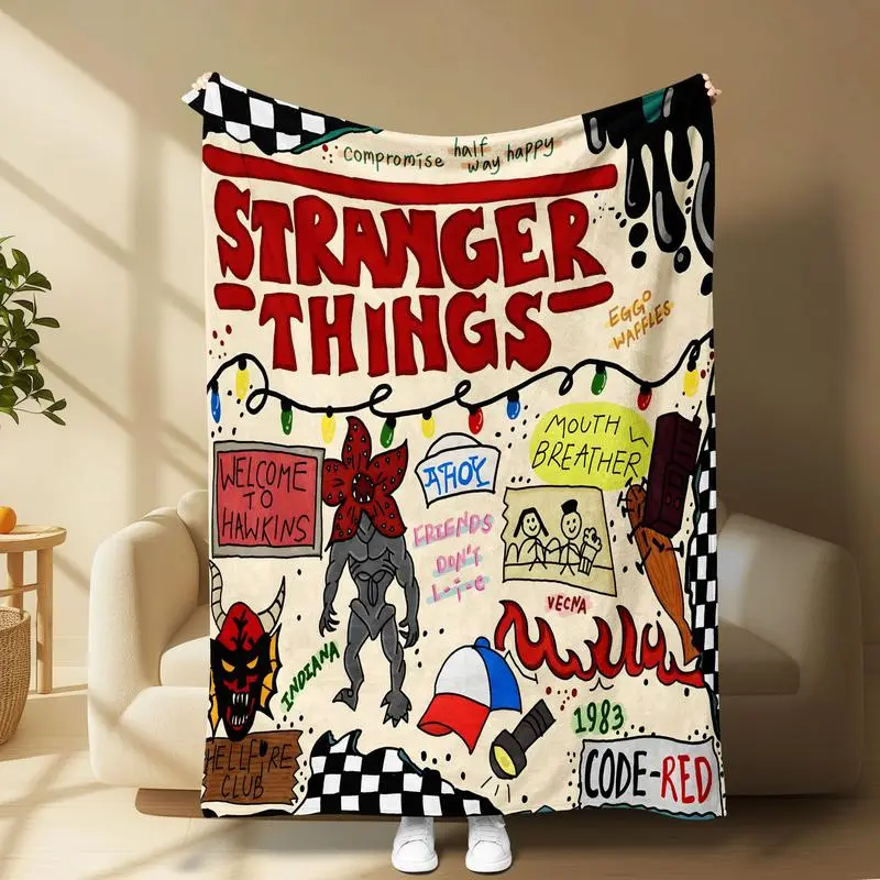 Stranger Things Season 5 Cozy Flannel Blanket Throw - Iconic Character & Demogorgon Collage Art, Breathable Soft Warm Tufted Weave Glam, Ideal Gift for Netflix Fans, Bed Use