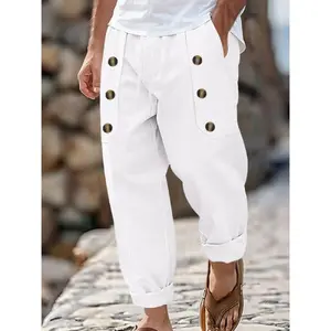 Men's Linen Breathable Drawstring Waist Pants, Multi-Pocket Utility Elastic Waistband, Classic Casual Outdoor Long Trousers, Essential Men's Wardrobe