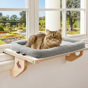 Window Cat Shelf with Plush Nest Pad, featuring an orthopedic hammock design. Premium solid wood frame accommodates both large cats and kittens for relaxing on windowsills.
