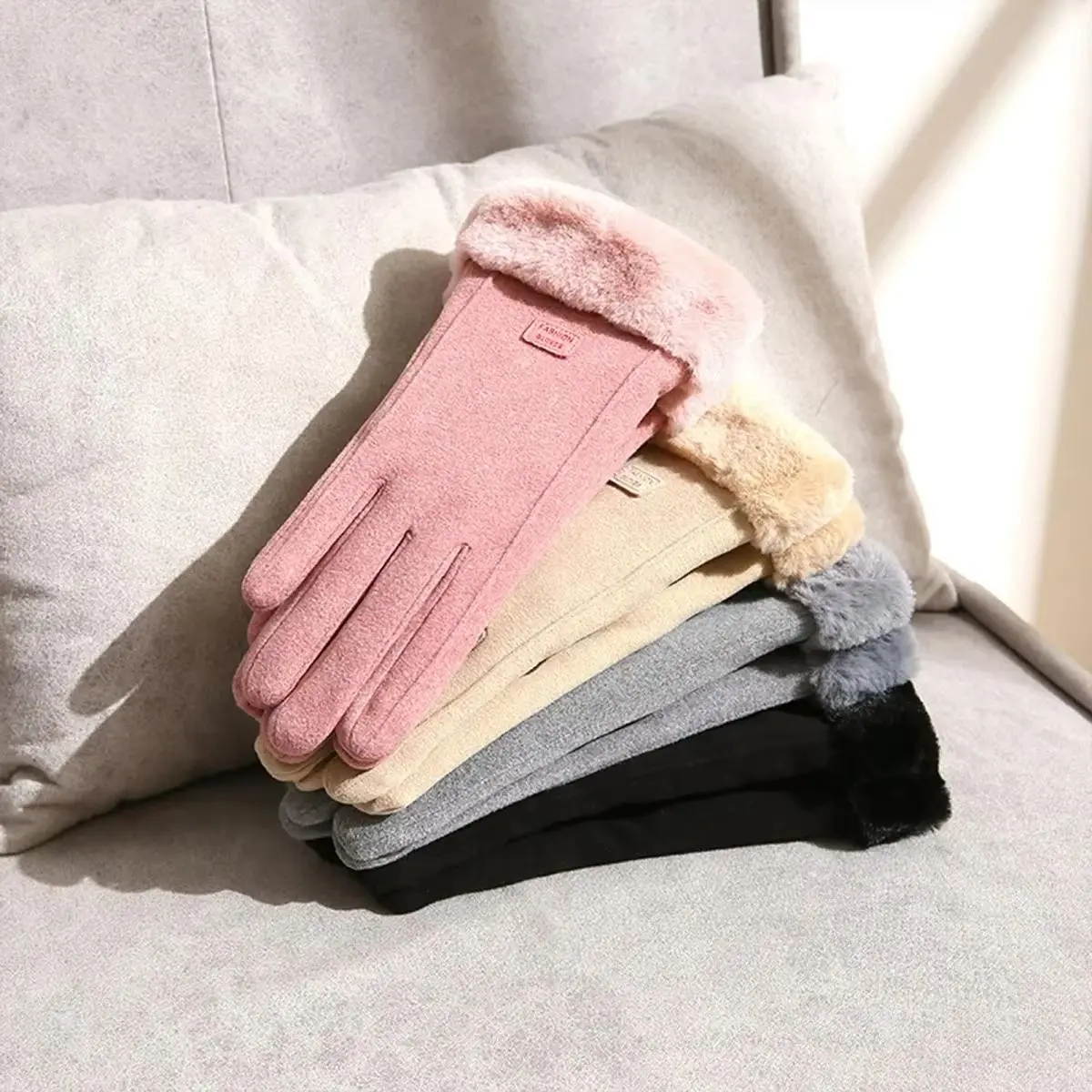 Women's Winter Thick Plush Gloves, Fashionable Outdoor Warm Suede Gloves, Touch Screen Driving Gloves, Sports Cycling Gloves