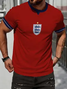 England Three Lions Team Emblem Retro V-Neck 3D Print Short Sleeve Men's Football Fan Casual Top, All Seasons Slim Fit Long Shirt