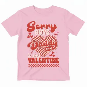Spring & Summer Fashion Girls' Short Sleeve T-Shirt "SORRY BOYS DADDY IS MY VALENTINE" Checkerboard Heart Cartoon Print Double-Sided Casual Versatile