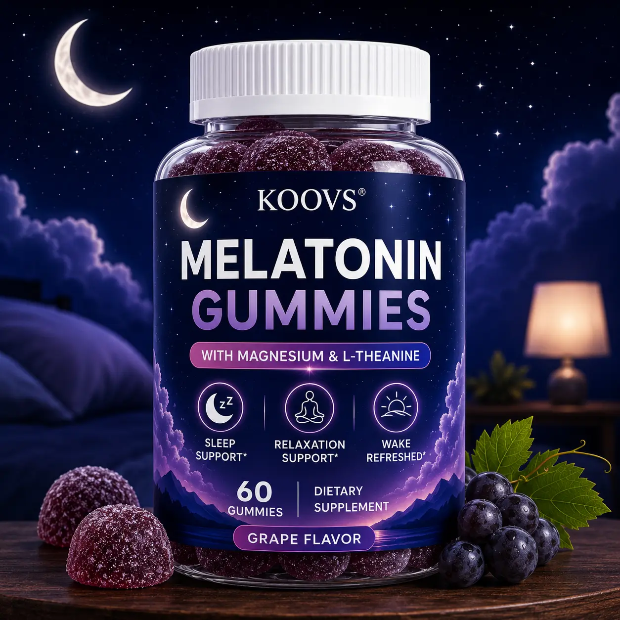 KOOVS Natural Sleep Healthcare Gummies - 60 Servings, Sweet Strawberry Stars, Melatonin Free