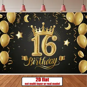 Summervibes 1pc 16th Birthday Party Banner, Reusable 2D Flat Polyester Backdrop Picture, Black Background with Glittery Golden "16", Crown, Balloons & Stars, Party Decoration Supplies for Home Wall Decor, Birthday Celebrations