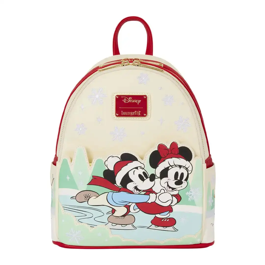 Loungefly Disney Mickey & Friends Holiday Ice Skating Mini Backpack - Animated Character, Cartoon Print, Character-Themed, Print Styles, Animated Character Backpacks, Cartoon Print Backpacks