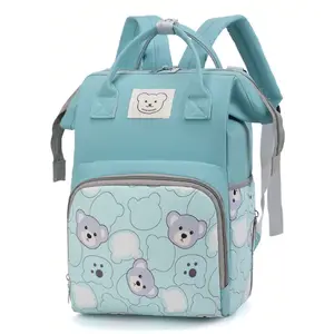 Bear Print Nylon Diaper Bag Backpack for mom dad, Fashionable Mommy Bag with Insulate Pocket, Large Capacity Diaper Bag Travel Multi-functional Backpack for Baby Boy Girl