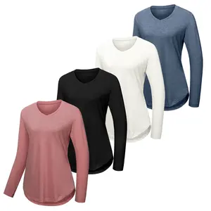 VILIGO Women's 4-Pack V-Neck Long Sleeve Shirts – Soft, Comfortable, Curved Hem Basic Tops in Multiple Colors for Casual Wear