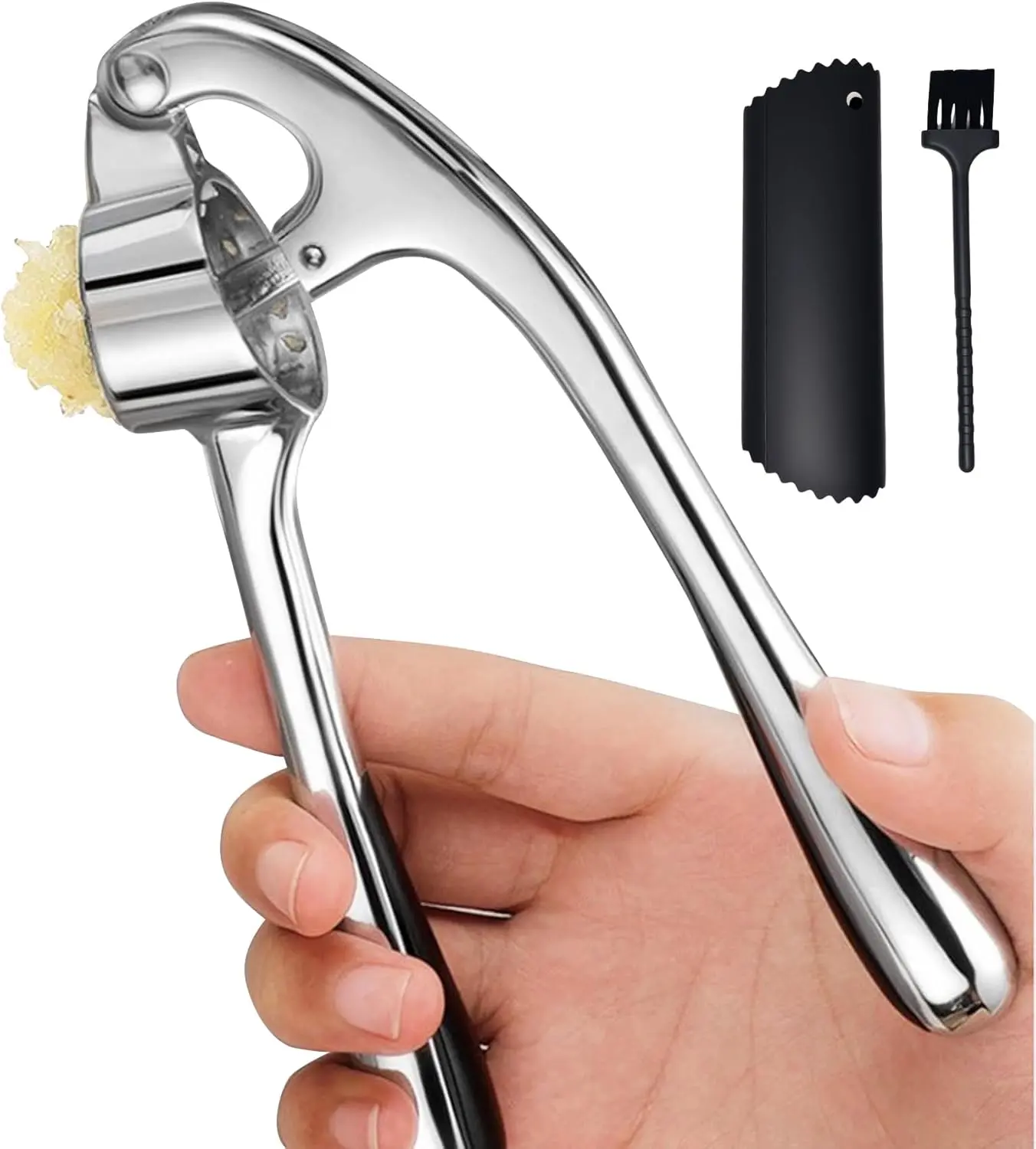 Stainless Steel Garlic Press Set Silicone Garlic Peeler & Brush, Heavy Duty Metal Garlic Mincer, Dishwasher Safe, Easy Clean (Regular Handle)