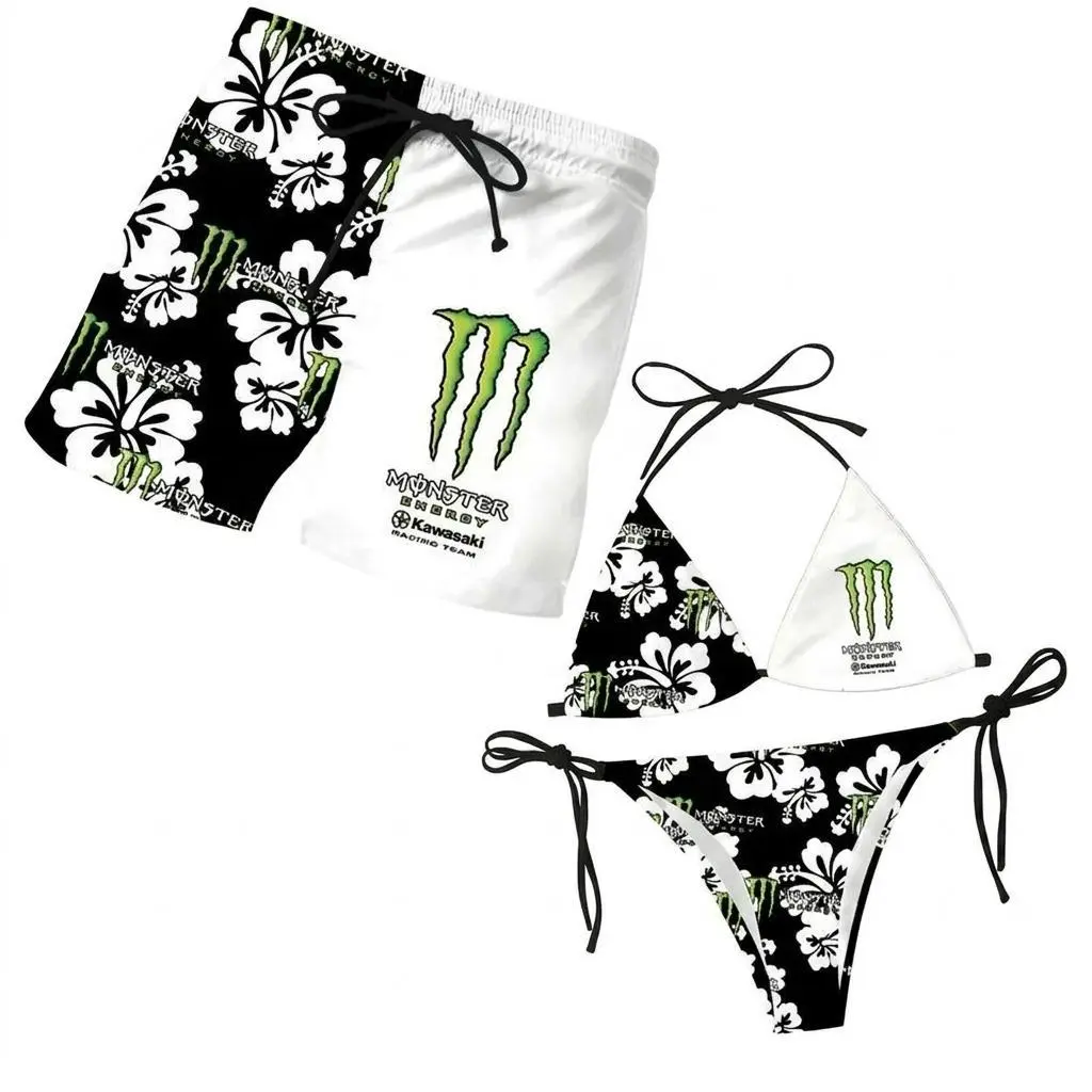 Black White Monster Energy Inspired Swimwear - Women's Floral Bikini, Men's Beach Shorts, Tropical Hawaiian Summer Vacation Pool Party Outfit