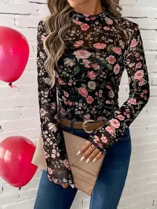 Women's High Neck Slim Fit Long Sleeve Top, Elastic Mesh Print, Boho Tie Top, Spring & Fall Fashion, All over Print, Elegant Style