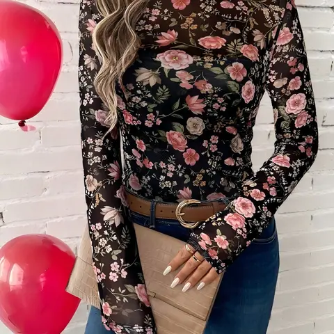 Women's High-Neck Slim Fit Long Sleeve Top, Elastic Mesh Blouse with All-Over Floral Print, Elegant Spring and Fall Fashion