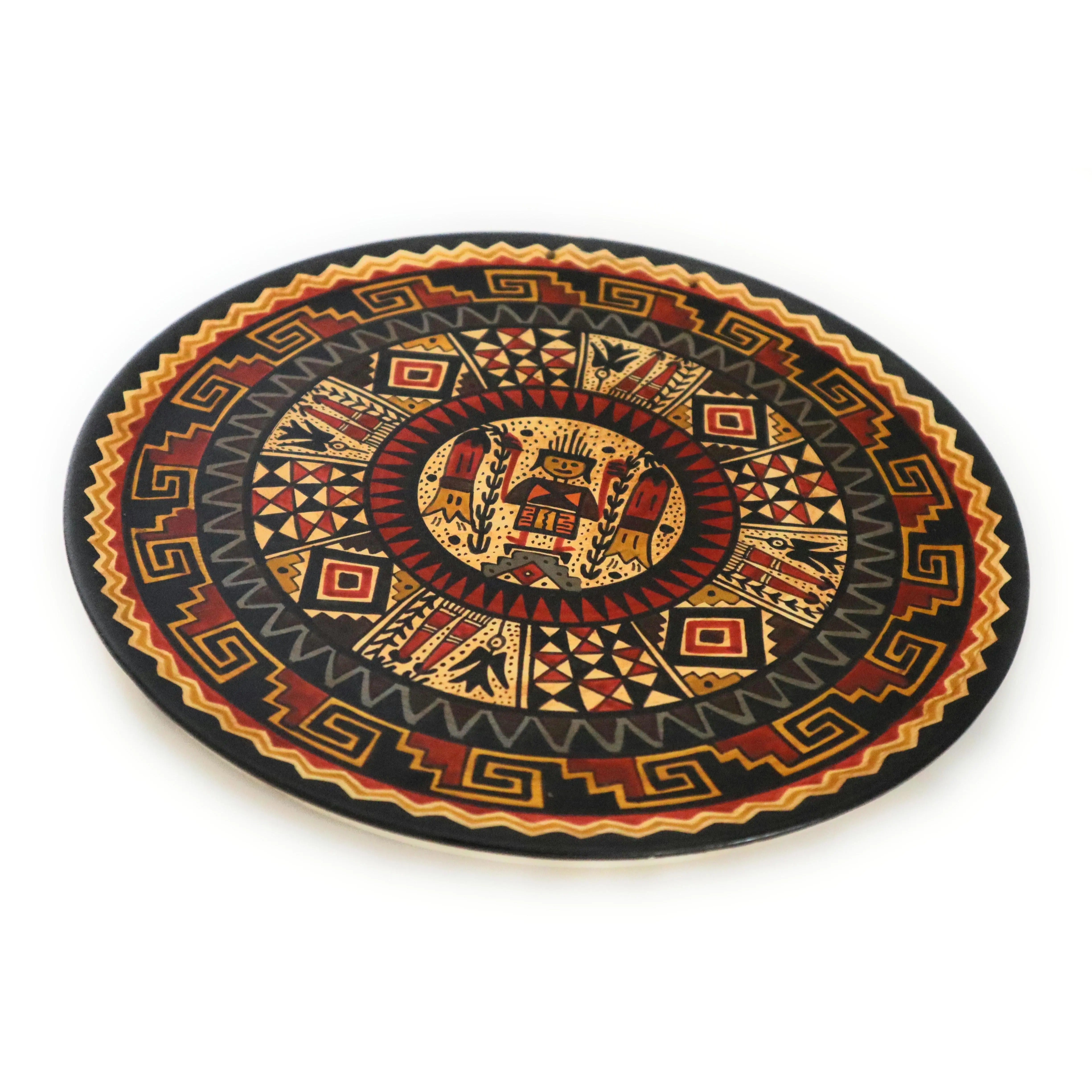Decorative Wood Plate. Handpainted Multicolor. The Inca and Kantu Flower 9.51" Diameter