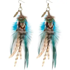 Bohemian Style Boho Multicolor Pheasant Feathers Dangle Earrings for Women (er006359)