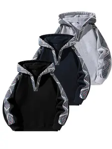 Men's Fashion Casual Hoodie with Thickened Fleece Lining, Ethnic Style Loose Fit Gray Sports Jacket, Vintage Fashion Autumn Winter Daily Comfortable Top