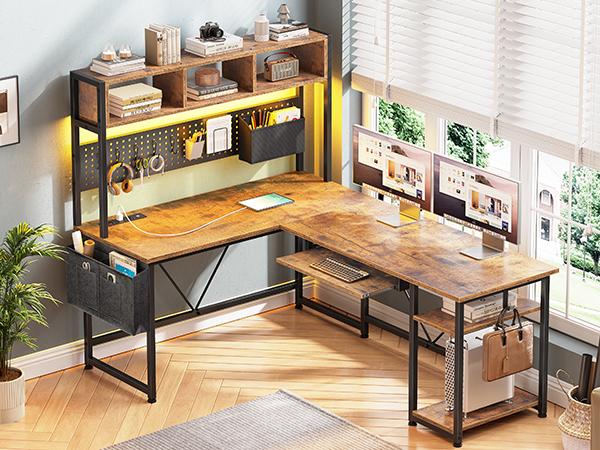 SEDETA 57.5-inch L-Shaped Gaming Table with Tray Reversible Computer Desk Furniture Shelf