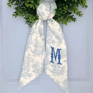 Monogram chinoiserie wreath sash for front door, personalized embroidered spring patriotic wreath sash, custom wedding & bridal shower gift wreath sash, monogram door decor