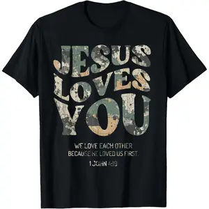 Vintage Camo Jesus Loves You Camouflage Natural T-Shirt