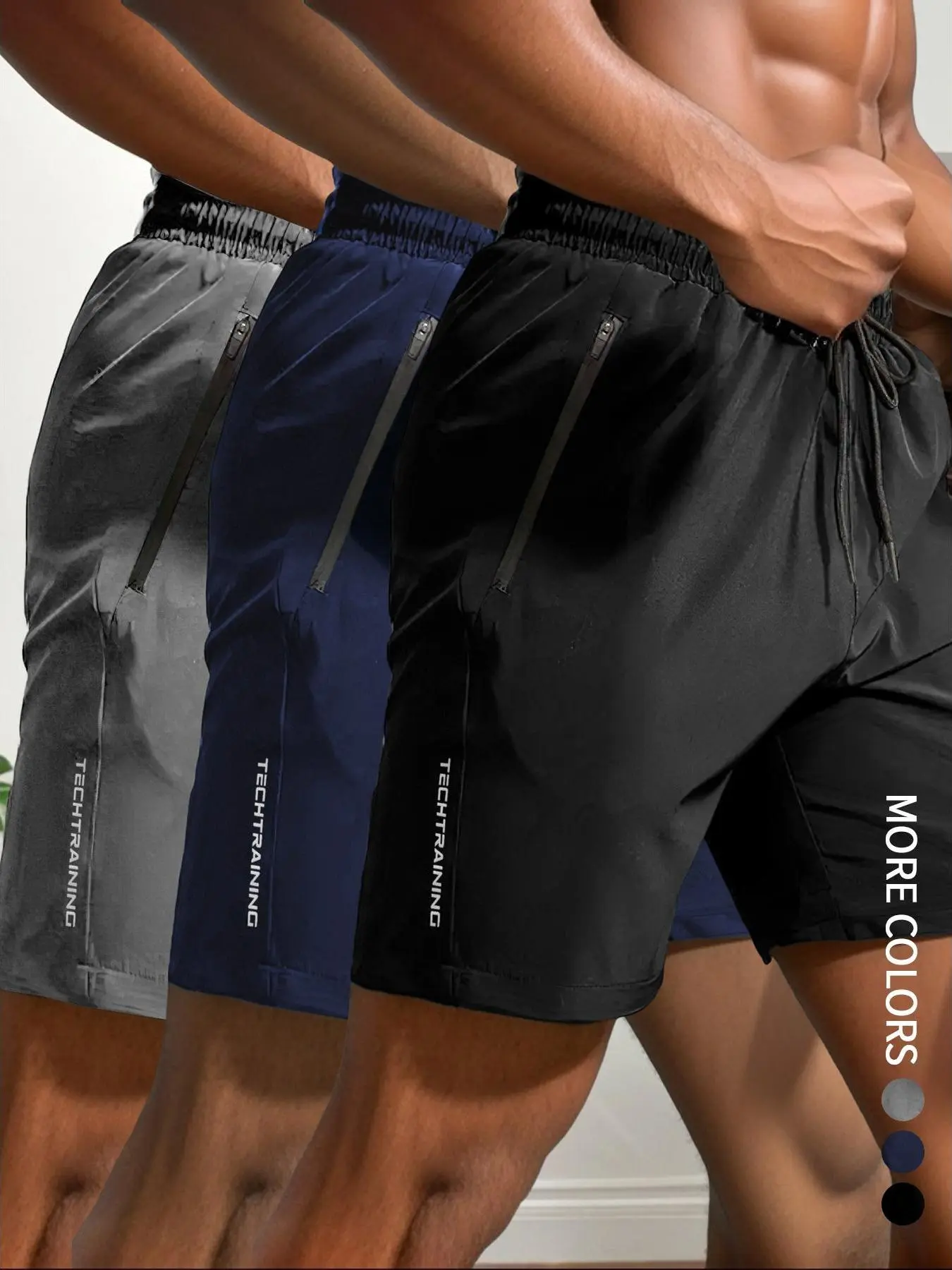 3-Pack Men's Quick Dry Tech Training Shorts | Zipper Pocket Gym & Running Bottoms Lightweight quick-dry fabric with zipper pockets, elastic drawstring waist, and "TECHTRAINING" print. Ideal for workouts, running, and casual summer wear.