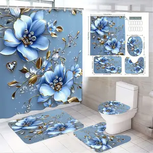4pcs Elegant Blue and Floral Bathroom Decor Set, Stylish Shower Curtain Sets & Heart Detail, Luxury Bath Mat Pair, Chic Toilet Seat Cover, The floor mat fabric is thicker and softer! Perfect for Spring Refresh or Holiday Home Makeover!