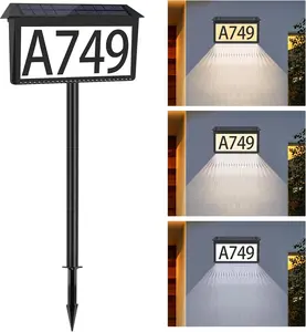 Solar Powered Address Sign House Numbers Waterproof, 3-Color Lighting Modes LED Illuminated Address Plaque with Stakes, Outdoor Address Number