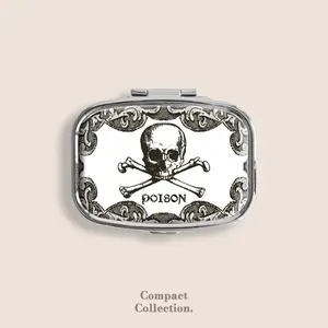 Skeleton Poison Skull Crossbones Vintage Small Pill Box Pill Organiser Ring Trinket Stash Medicine Vitamins Gum Tic Tacs Mint Metal Pill Bottle Case Dispenser Holder Travel Size gifts for girl For Boyfriend under 100 dollars