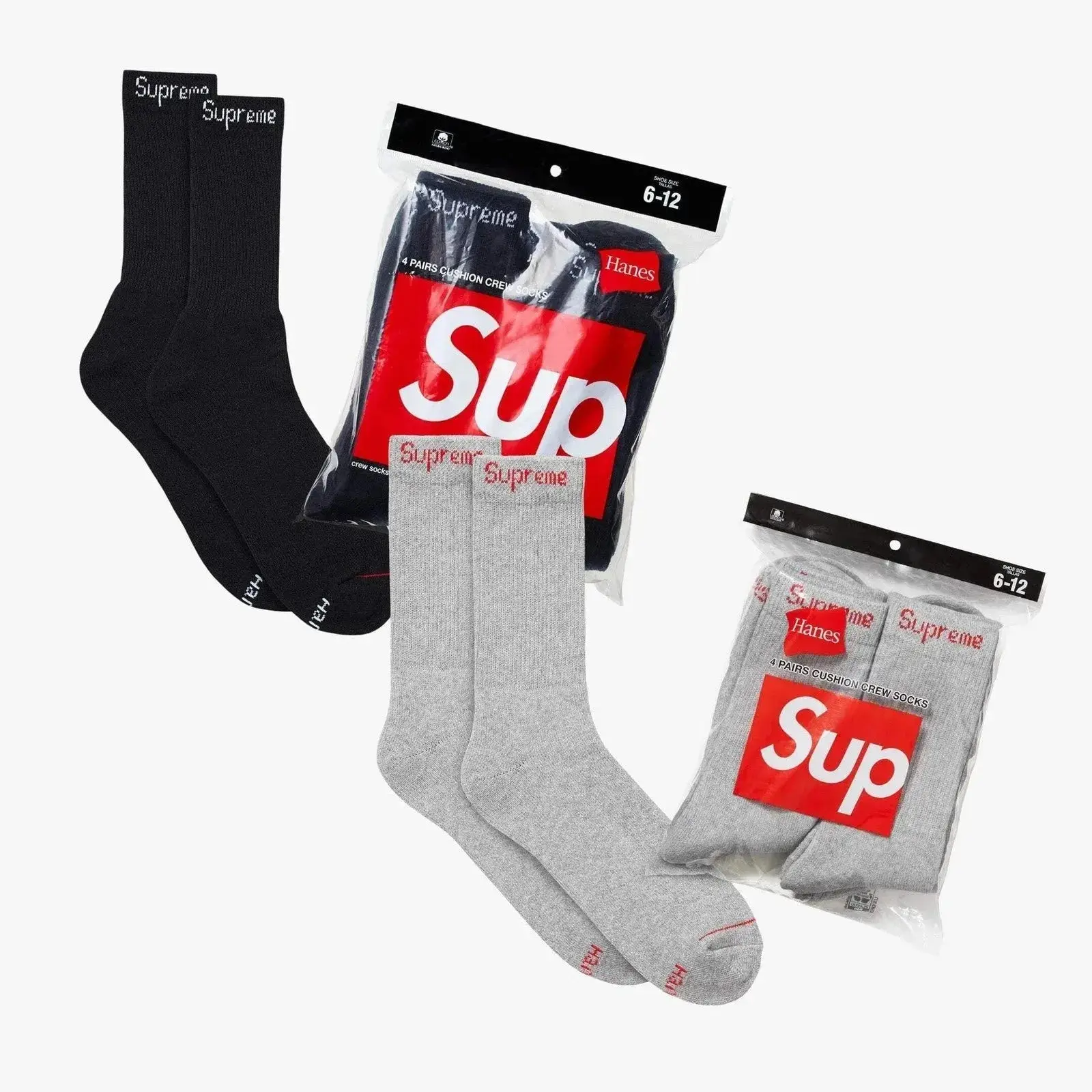 Supreme x Hanes Cushion Crew Socks (Full Pack of Each) Black and Heather Grey