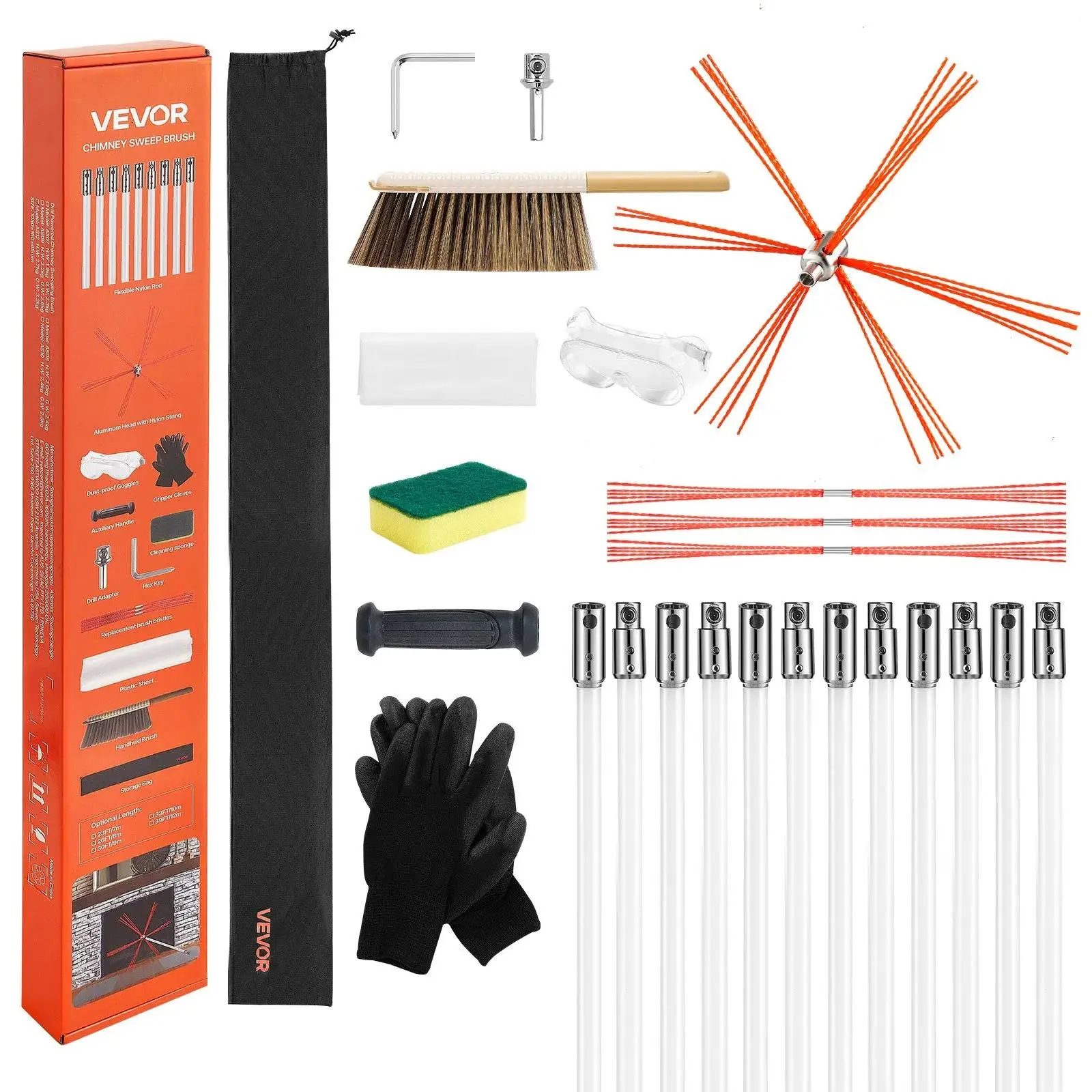 【summerfinds】VEVOR Chimney Sweep Kit,  , 39 ft Maximum Extendable Length Chimney Sweep, Chimneys Cleaning Kit with Bristle Replacements & Goggles, 90° Bendable Fireplace Cleaning Tool, for Square, Rectangle Chimneys