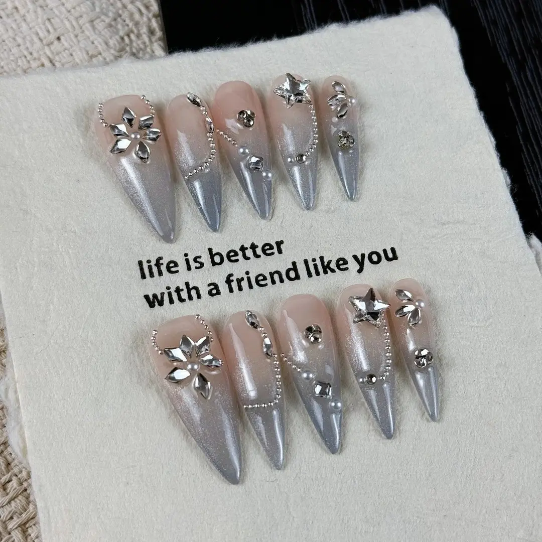10pcs Gentle temperament style, hand-painted gradient cat eyes, dazzling sparkly, Glitter Nails, Rhinestone embellished diamonds handmade fake nails, Nail stickers suitable for attending important banquets, business parties