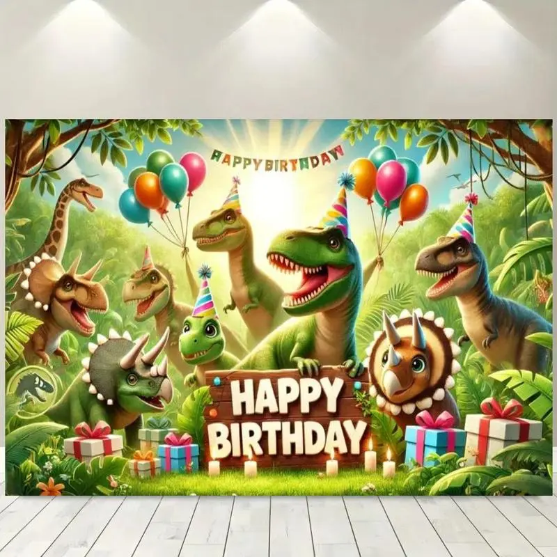 Polyester Dinosaur Birthday Print Festive Backdrops & Banners - Large Size, Multicolor, Lightweight Decoration with Vibrant Print, Polka Dot & Geometric Accents, Easy Installation, Ideal for Baby Shower Indoor-Outdoor Party Wall Use & Gifting