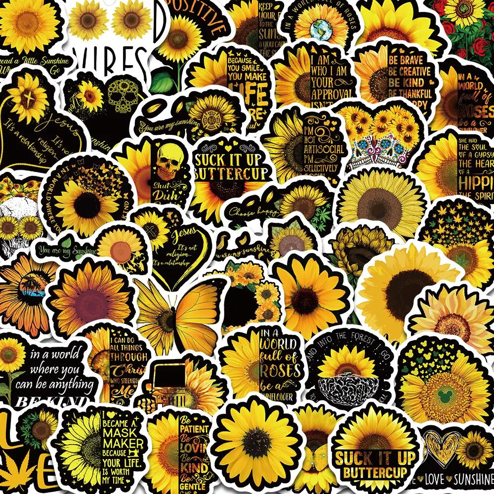 Sunflower Pattern Sticker, 50pcs/set Self Adhesive Decorative Stickers, DIY Decals for Water Bottle, Laptop, Phone Case, Scrapbooking, Journal Making, Ornaments