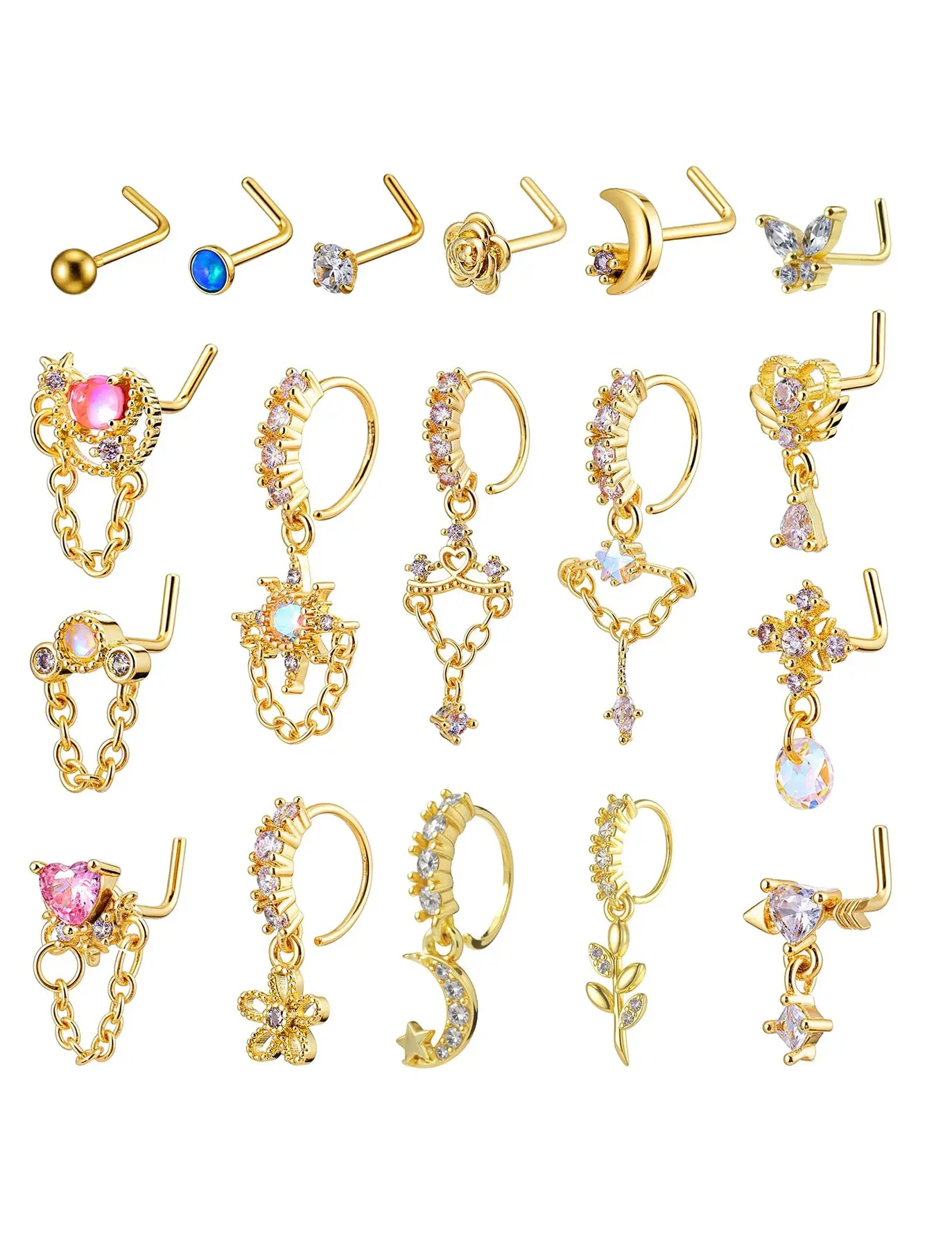 Women's Swinging Earrings Set, 20g Golden L-Shaped Swing Nose Studs, Cz Indian Piercing Jewelry, Copper Chain, Metal Plated Gold, Gems For Piercings, Body Jewellery