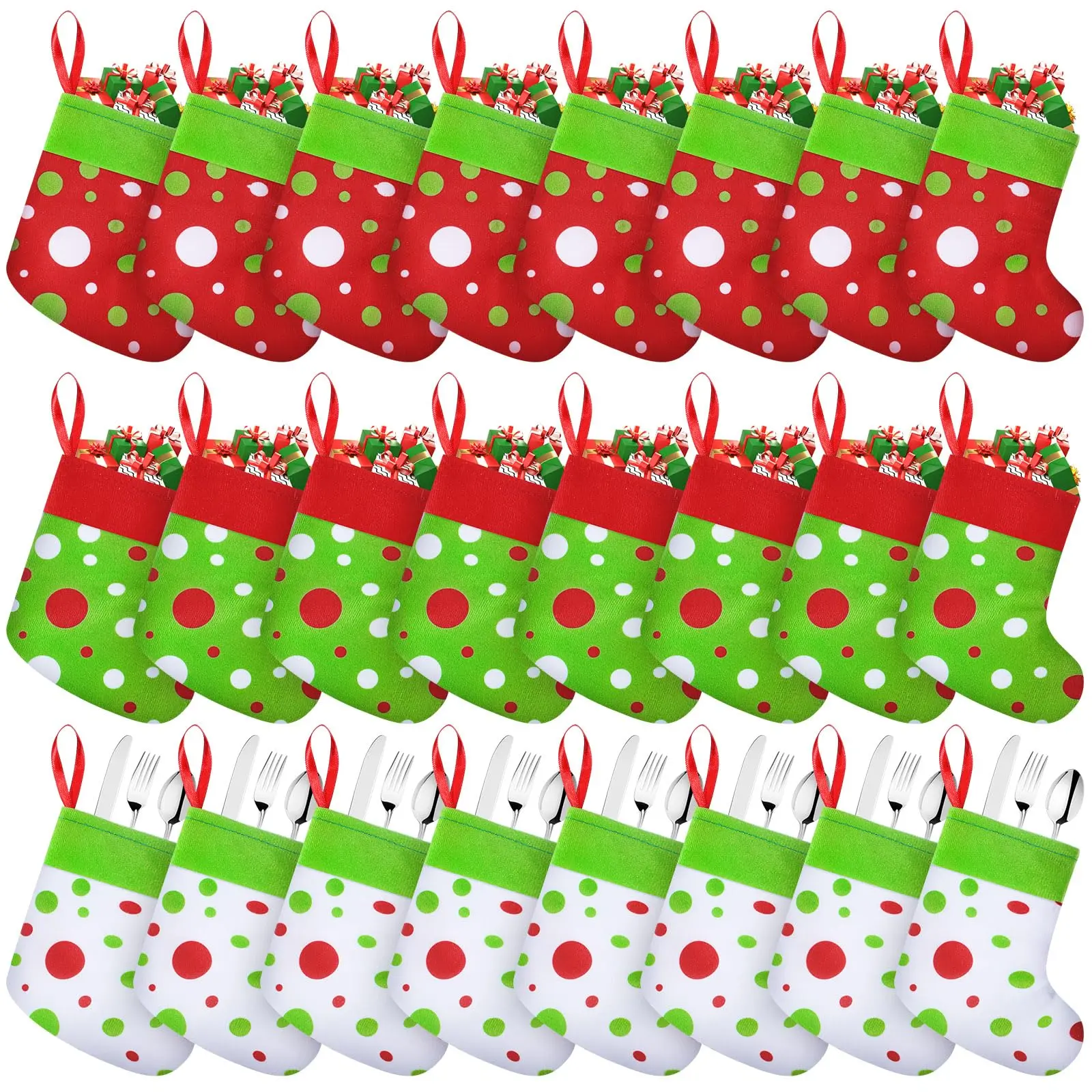 Christmas Clearance Sale Christmas Gifts 24 Pcs Mini Christmas Stockings 6" Cute Dot Red and Green Xmas Sock for Fireplace Hanging, Stockings Holiday Party Home Christmas Decor Christmas Stuffer Gift Idea for Family Friends Burr Basket Gift Xmas Present