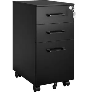 Letaya 3-Drawer Rolling Black Metal File Cabinet with Lock, Heavy-Duty Steel Under-Desk Filing Cabinet for Home Office Use, 330lbs Weight Capacity