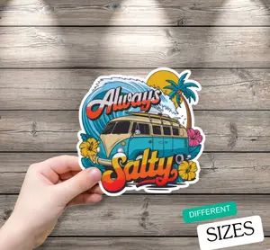 Vintage Camper Van Always Salty Vinyl Sticker Weather-Resistant Camper Decal Water Bottle Computer Car Stickers