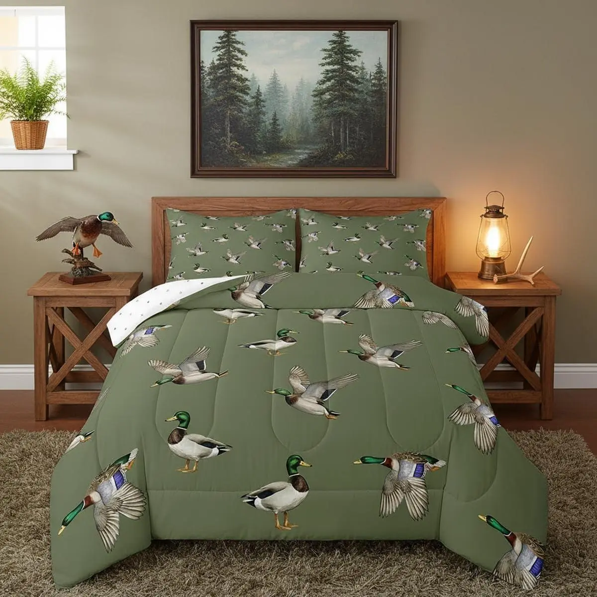 Mallard Duck Bedding Set,Duck Hunting Theme Comforter Set for Boys Girls Mallard Duck Wild Animals Down Comforter Flying Duck Wildlife Decor Duvet Insert