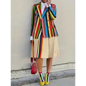 Women’s Colorful Striped Sports Jacket – Casual long-sleeve double-breasted jacket with pockets, colorful rainbow design, polyester–spandex blend, machine washable, perfect for everyday wear.