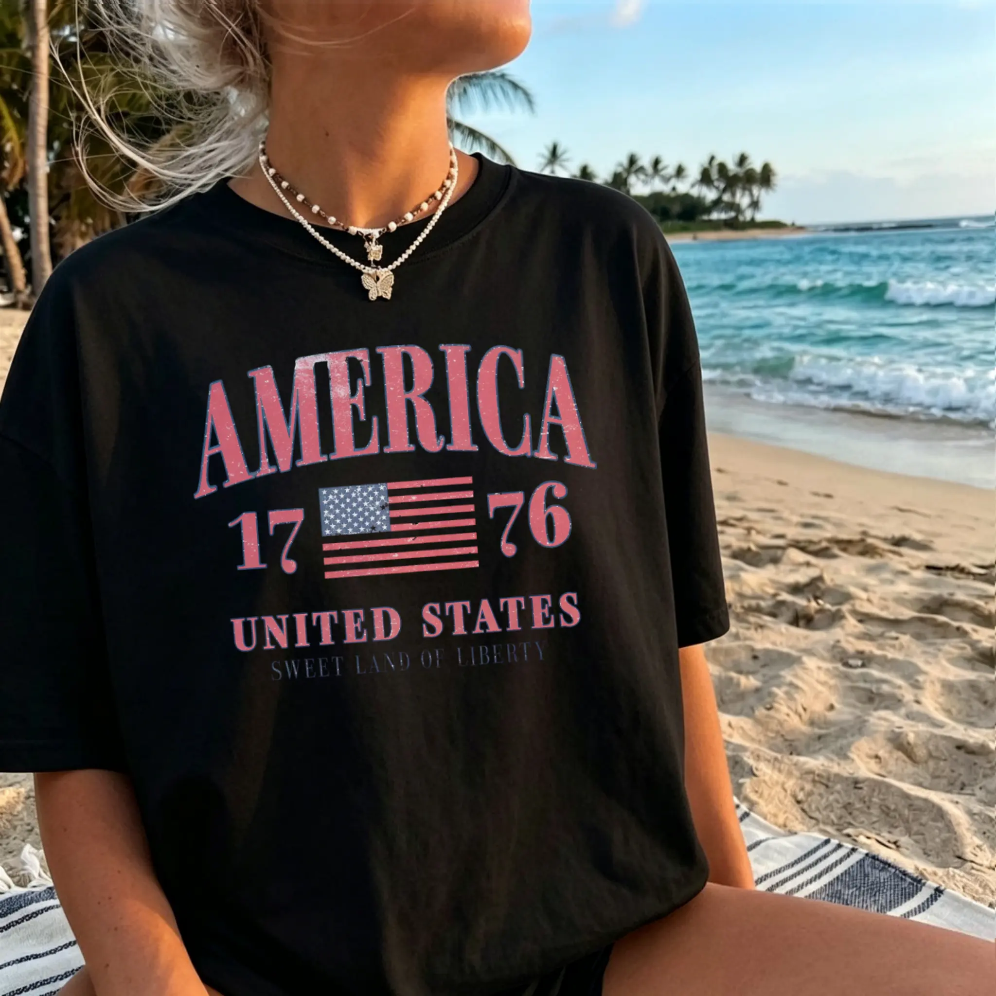 1776-Retro America 4th of July Graphic Round Neck Streetwear Tee, Breathable Fashion Preppy Oversized USA Patriotic Sports Top, Fits Everyday Casual Statement Shirt