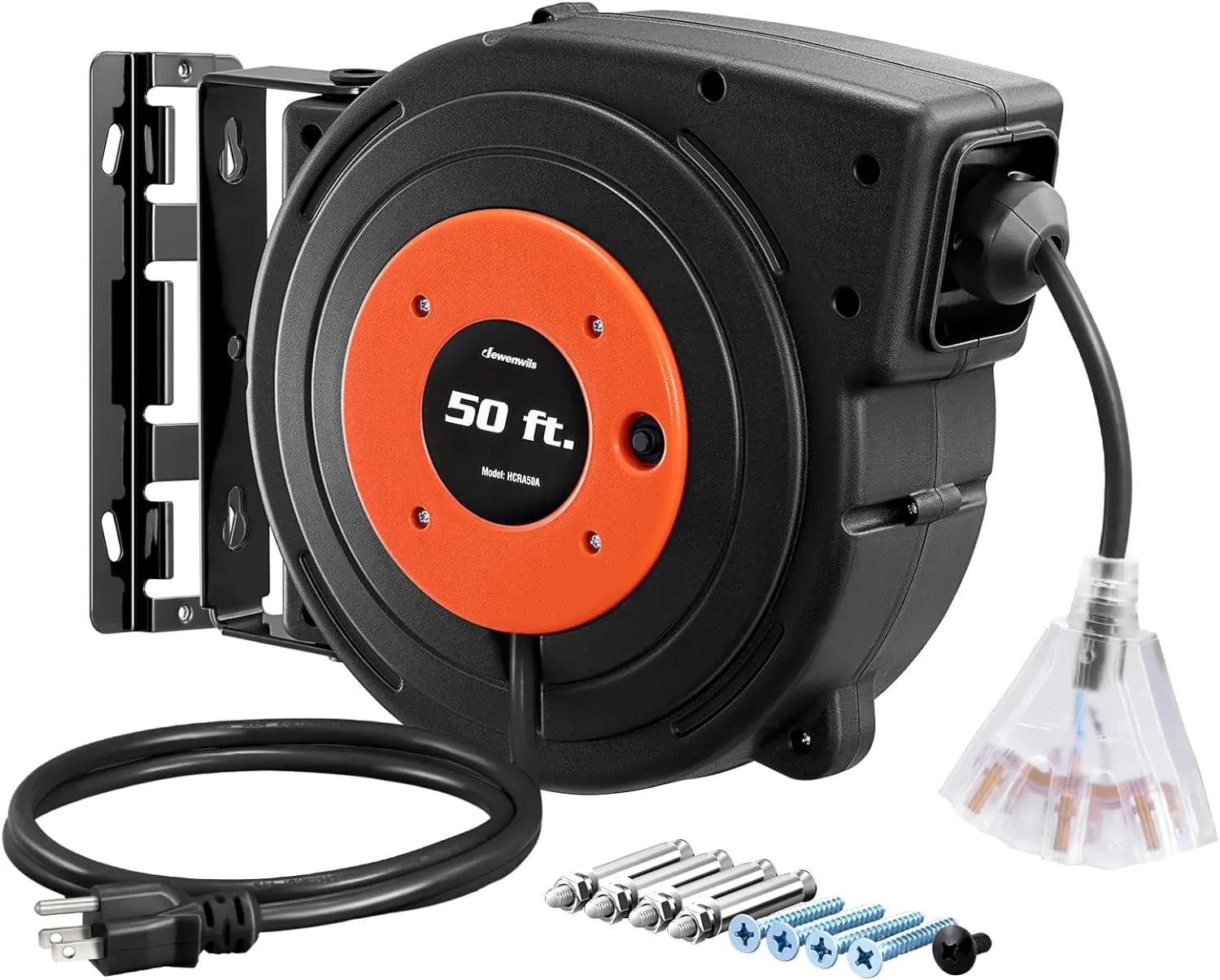 DEWENWILS Retractable Extension Cord Reel, 50 FT Heavy Duty 14AWG/3C SJTOW Power Cable for Garage, Wall/Ceiling Mountable Wire Management with 3 Lighted Outlets & 13A Circuit Breaker, Workshop